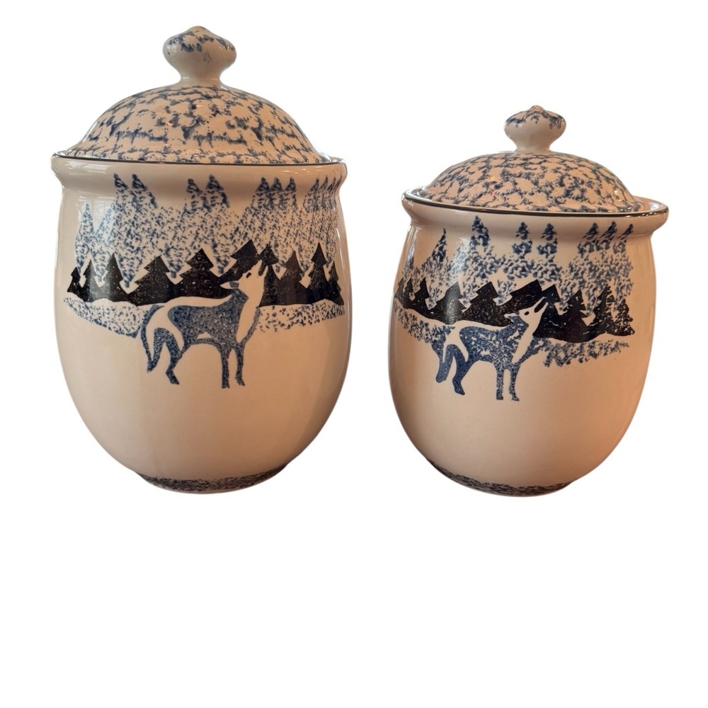 🍵Tienshan Folk Craft Wolf Canisters with Lids Set of 2 Blue Cream VVGUC 🍵